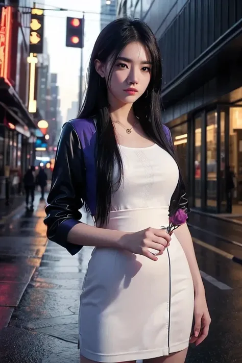 Scene Overview: A beautiful young Thai woman with fair skin and an oval face, aged 20-25, wearing a white sexy shirt, stand on street and holding a red rose do it same microphone doing sing a song
Visual Elements: Streets wet from rain, neon lights reflect...