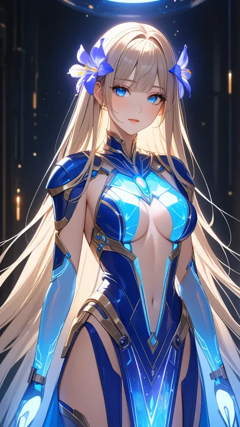 8K, Ultra HD, Masterpiece, 1 girl, exquisite face:1.5), very long hair, strait hair, detailed eyes, ultimate details, wearing transparent science fiction clothes, blue clothes, (glowing clothes:1.4), amazing magnificence, LED Internal lighting, glowing iri...