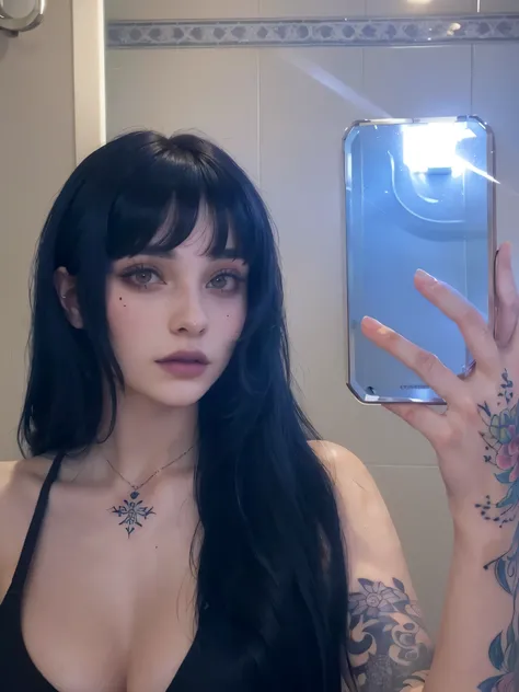 arafed woman with tattoos taking a selfie in a bathroom mirror, she has black hair with bangs, profile image, 2 2 years old, profile pic, charli bowater, anna nikonova aka newmilky, 18 years old, 1 7 - year - old goth girl, pale goth beauty, with tattoos, ...