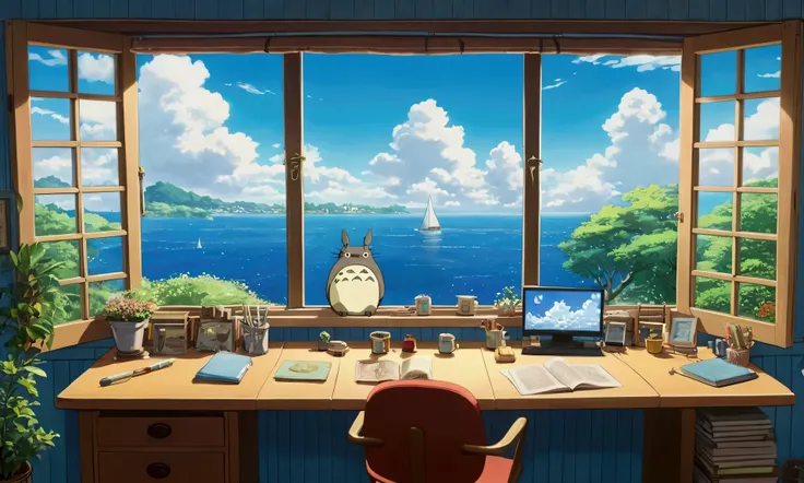 in the cozy work room, sea view, beautiful sky 、anime Ghibli style、My Neighbor Totoro Scenery