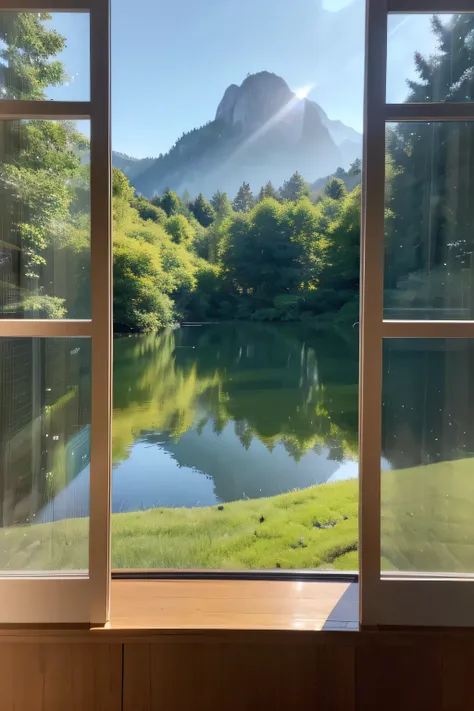 The View Outside the Window, (4k,8k,highres,:1.2),ultra-detailed,(realistic,photorealistic,photo-realistic:1.37),indoor view,window view,outside scene,outdoor scenery,breathtaking landscape,panoramic view,serene atmosphere,clear blue sky,rolling hills,gree...