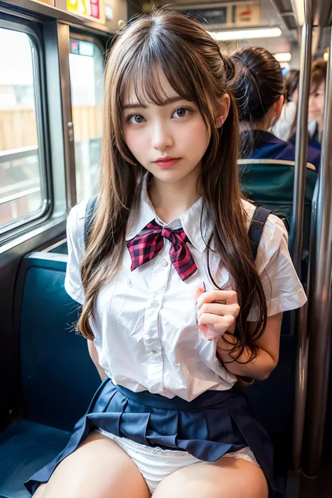 8k, RAW Portrait (Japanese women),masterpiece、Realistic:1.3、Realistic, Ultra-high resolution, Highest quality, Real Life Photos ,(((Showing panties:1.4)))、((Sitting on a train seat on the Yamanote Line, looking at my smartphone.))、
((((1 person:1.5)))), ((...