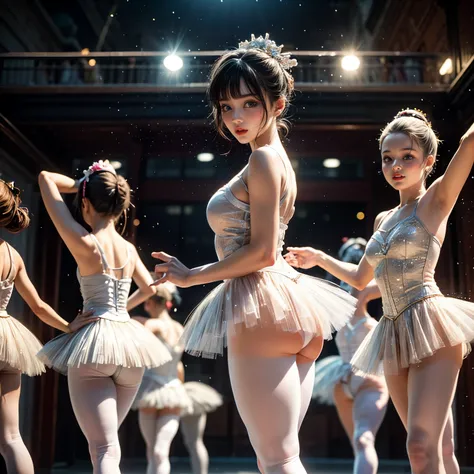 SFW, ExtremelyDetailed (((Kawaii Ballet Girls Group in a row:1.37))), Childish perfect face, Reflective Eyes, Detailed(Delicate Clothing textures), Corrected Leg Line, Corrected Hand, (Correct limbs), Dynamic Joyful Expressions LifeLike Rendering, ((Specul...