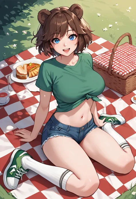 score_9_up, score_8_up, score_7_up, 1girl, solo, source_anime, hourglass figure, Big breasts, kemonomimi, bear ears, brown hair, short hair, messy_hair, blue eyes BREAK freckles, green shirt, short sleeves, navel, denim shorts, high socks, green sneakers, ...