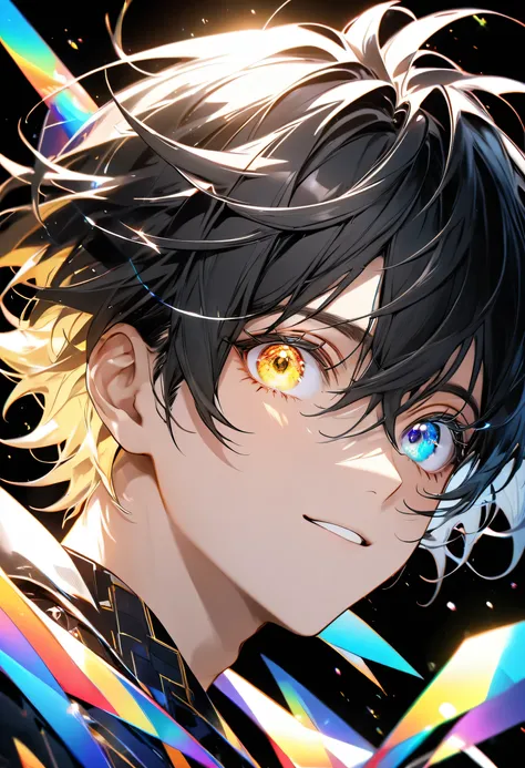 8k, Highest quality,High Contrast,front view,joyful,One Boy,black hair,perfect face,eye (heterochromia with gold and silver,big eyes,eyelashes,glowing eyes),A background with beautiful, shimmering details,Colorful light scattering and reflecting on a trans...