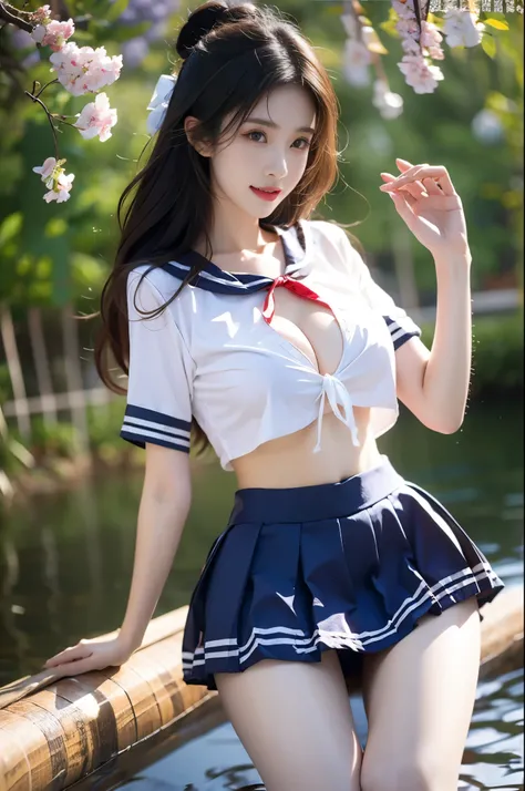 qingquxiaofu
school uniform, serafuku, crop top, pleated skirt,miniskirt, (best quality, masterpiece:1.2), tianfeng1, Extremely detailed, (Practical:1.37), beautiful, youth, Charming female model, sweet smile, Sweetheart girl, Warm colors, Play in the rive...