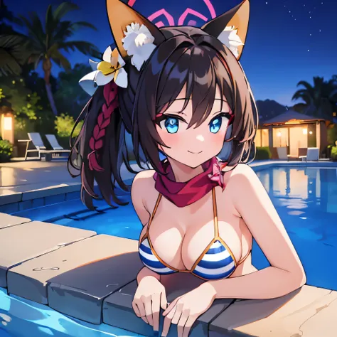 ((masterpiece)), ((Highest quality)), (Very detailed), Pool, night, pretty girl, One girl, alone, bikini, ((Beautiful Eyes)), smile