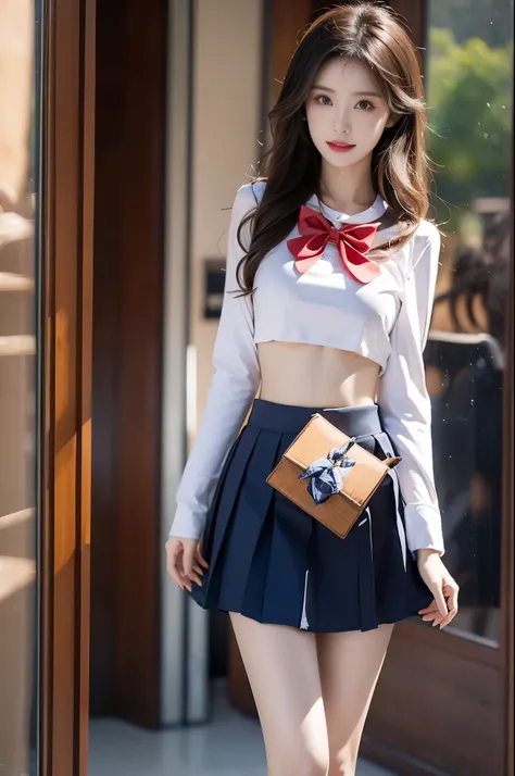 qingquxiaofu school uniform, serafuku, crop top, pleated skirt,miniskirt, (best quality, masterpiece:1.2), tianfeng1, Extremely detailed, (Practical:1.37), beautiful, youth, Charming female model, sweet smile, Sweetheart girl, Warm colors, ((Full body view...