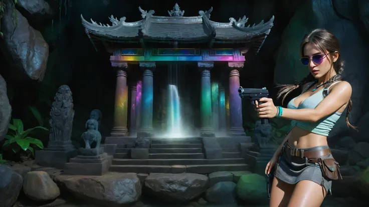 colorful all-glass ancient temple, stone statue, mysterial signs, rainbow colors waterfalls, sparkling effects, amospheric fog. At night, (1girl, solo), photorealistic, medium-breast:1.3 slim body, cleavage, tomb raider style costume with miniskirt, (matri...