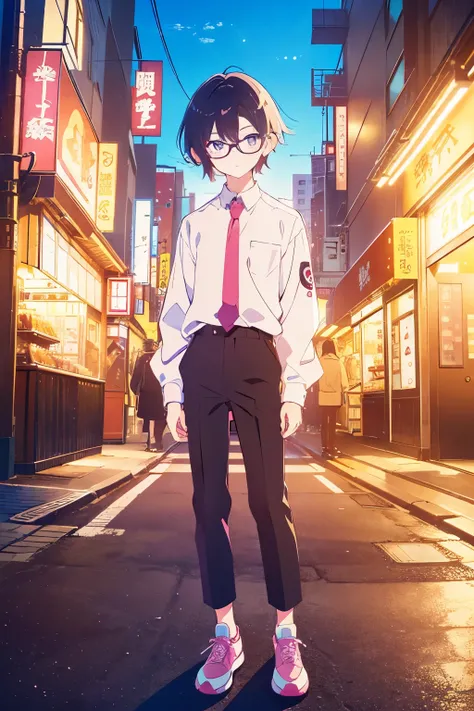 ((Best Quality)), ((masterpiece)), (detailed), 1 chico, Fuchsia hair, big glasses, defined nose, sky blue eyes, beautiful eyes, black pants, black long sleeve shirt, sneakers, shoes, delgado, black shoes, Tokyo streets at night, White skin, shy, 10 years, ...