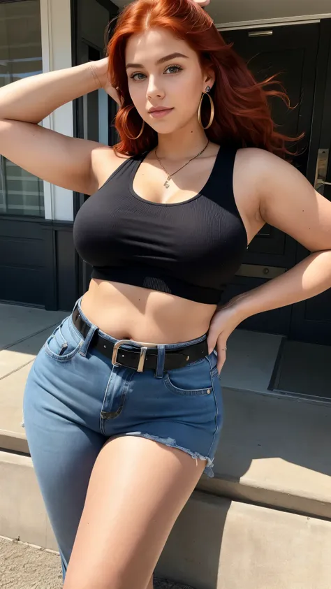 An 18-year-old red-haired girl wearing a black top and high-waisted jeans with a belt, thick legs, and large earrings, showing her belly button in a T-shape.