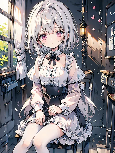 (8k、Best image quality、Highest quality、masterpiece)、Detailed face、1 person、Dark silver hair、Bobcut、Pink inner hair、Pink Eyes、Earrings、White shirt、Long sleeve、((Removed buttons))、Cleavage、Black pleated skirt、((White and black striped panties))、White socks、l...