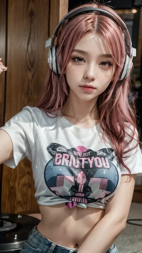 Pink Hair, Paper by Morena Clara, Female DJ,With gal make-up, DJ Turntable,Tight T-shirt,Denim pants,Put on headphones,Upper Body