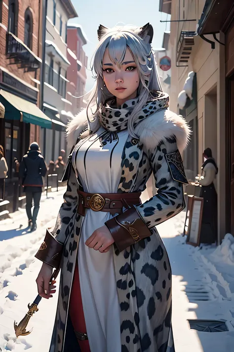 A 21 year female snow leopard mage in a urban town at a guild