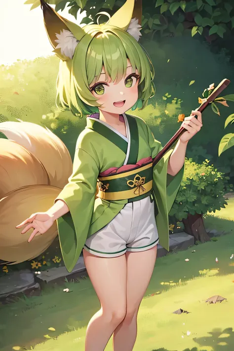 1 person,Small child,Cheerful face,Short Hair,Yellow-green hair,Fox ears with a yellowish-green color,6 tails,light green kimono,Shorts,White skin