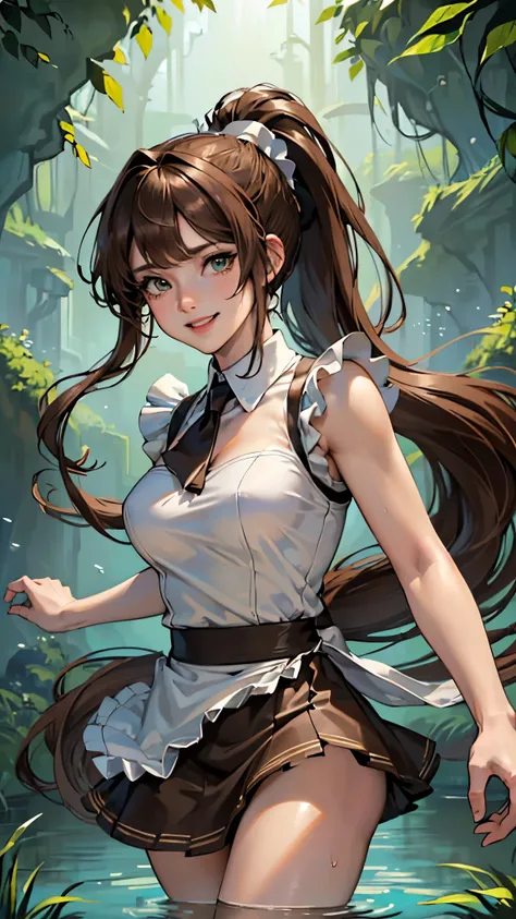 ((masterpiece, highest quality, High resolution, Hmm, Pixel perfect, Depth of written boundary, 4k, RTX, HDR))), 1 Girl, single, alone, Beautiful Anime Girls, Beautiful art style,anime character, ((Long Hair, bangs, brown hair, ponytail:1.5)), (Green Eyes:...