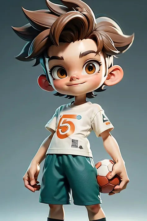 A chibi boy，Playing football，Wearing a light-colored athletic T-shirt and shorts，Light brown hair，Very rich facial details, looks very sunny，Refreshing，Cheerful，vitality, Super detailed characters, Background solid color，Show your whole body，Highly Authent...