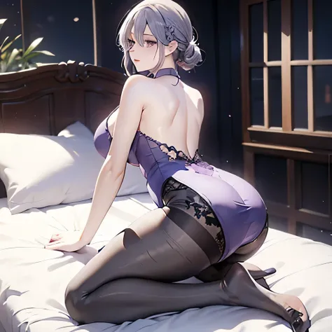 High-slit sleeveless cheongsam，Backless，Back，Plump thighs，Kneeling on the bed，Long purple-gray hair，Huge breasts drooping，Lace underwear，Broken pantyhose