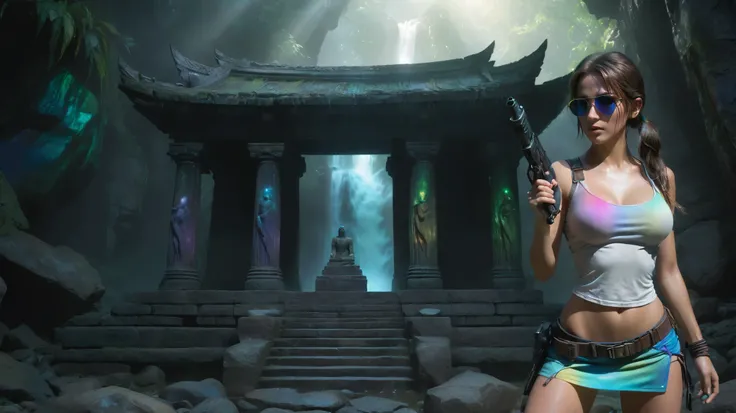 colorful all-glass ancient temple, stone statue, mysterial signs, rainbow colors waterfalls, sparkling effects, amospheric fog. At night, (1girl, solo), photorealistic, medium-breast:1.3 slim body, cleavage, tomb raider style costume with miniskirt, (matri...