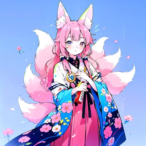 9 snow-white fox tails (1.0), Milky Fox Tail (1.0), Nine-Tailed Foxの狐のクローズアップ, Nine-Tailed Fox, Nine-Tailed Fox, With pink hair、Anime girl in a pink dress with flowers in her hair, very Beautiful anime fox girl, Beautiful anime fox girl, Beautiful fantasy ...