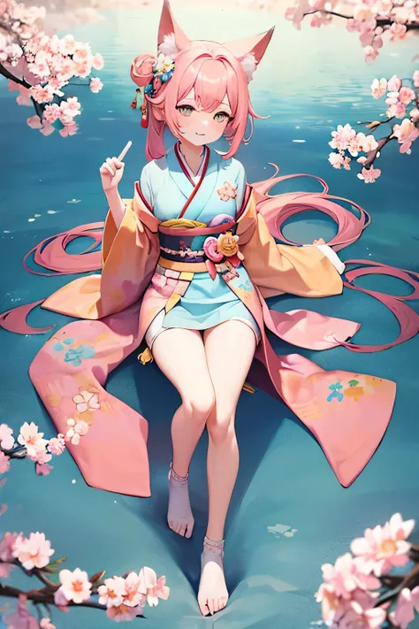 1 person,Pink Hair,Fox ears,semi-long,yellow gradient,A pale blue kimono,a peach blossom motif,spring,cute,Turquoise Eyes,a teal round hair ornament