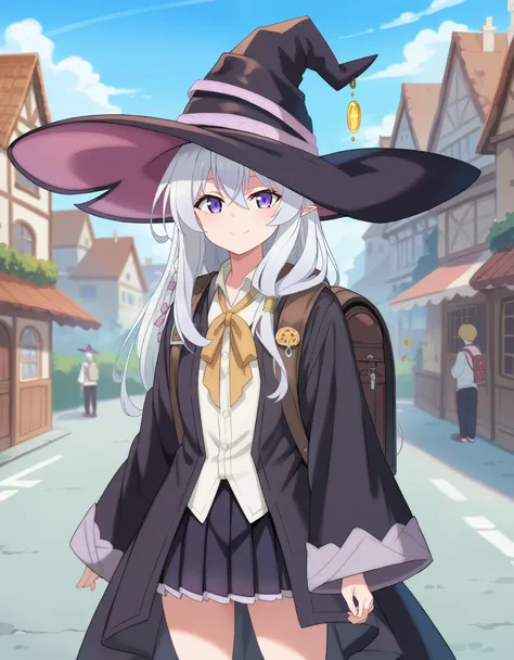 masterpiece, hd, best quality, detailed, elaina \(majo no tabitabi\),purple eyes, grey hair, white hair, long hair,witch hat,col...