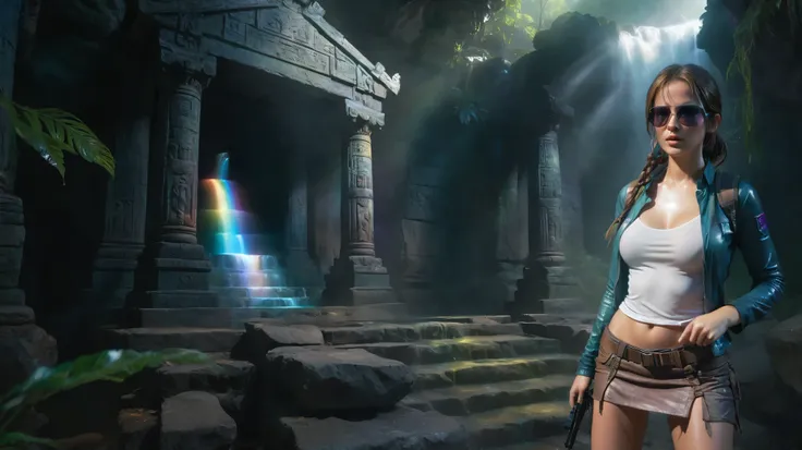 colorful all-glass ancient temple, stone statue, mysterial signs, rainbow colors waterfalls, sparkling effects, amospheric fog. At night, (1girl, solo), photorealistic, medium-breast:1.3 slim body, cleavage, tomb raider style costume with miniskirt, (matri...