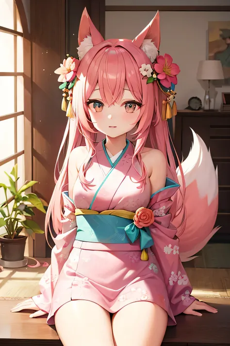 1 person,woman,Pink Hair,Fox ears,semi-long,yellow gradient,A pale blue kimono,a peach blossom motif,spring,cute,Turquoise Eyes,a teal round hair ornament