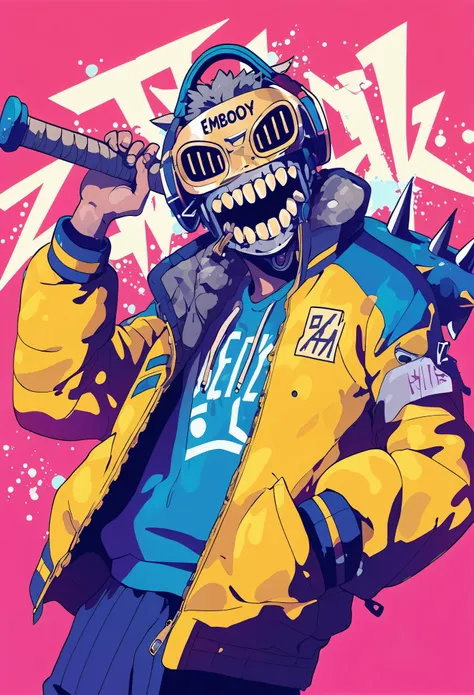 A yellow and blue cartoon style robot wearing a mask with big eyes smiling with white teeth covered in gold, dressed in a hip hop street style, standing holding a baseball bat, smiling at the camera. The background is bright pink. The word Embody is writte...