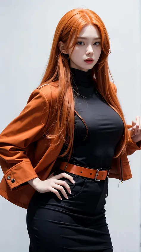 Woman with long orange hair、Wearing a red jacket、Rolling up his sleeves、Wearing a black tight dress、Wearing a belt around the waist、White background