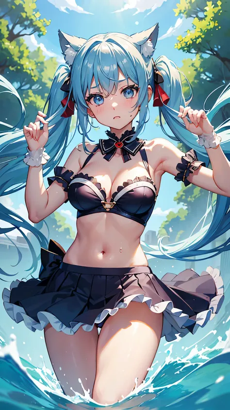 Highest quality、Delicate、high school girl、Light blue hair、Sparkling eyes、Light blue eyes、Twin tails、spiral curls、Beautiful river、Slightly backlit、Very revealing、small square bikini、Ruffled collar、glossy sky blue gloves、Big thighs、Shoulders bare、Belly butto...