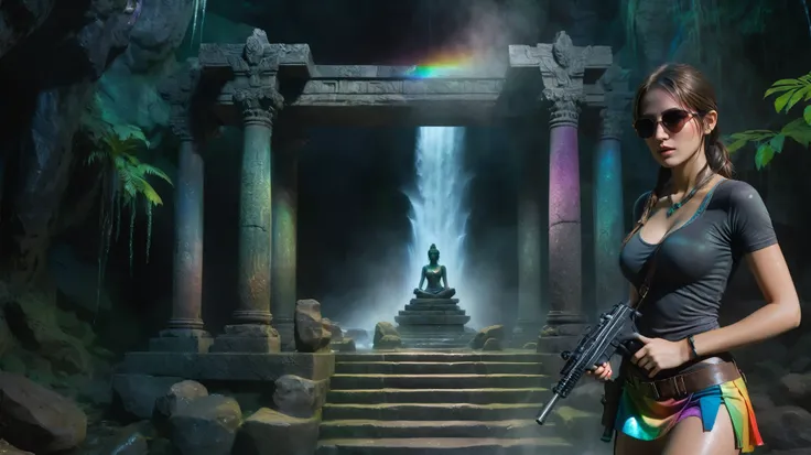 colorful all-glass ancient temple, stone statue, mysterial signs, rainbow colors waterfalls, sparkling effects, amospheric fog. At night, (1girl, solo), photorealistic, medium-breast:1.3 slim body, cleavage, tomb raider style costume with miniskirt, (matri...