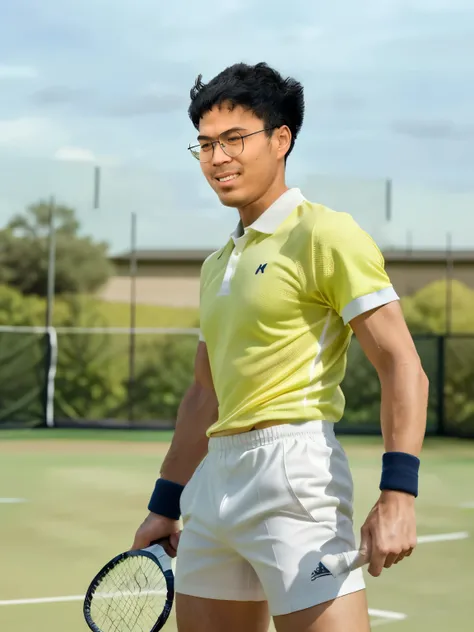 A dynamic and energetic scene capturing a man playing tennis on a professional court. The man is holding a tennis racket firmly in his right hand, his fingers wrapped tightly around the grip, displaying the veins and muscular definition in his forearm. His...