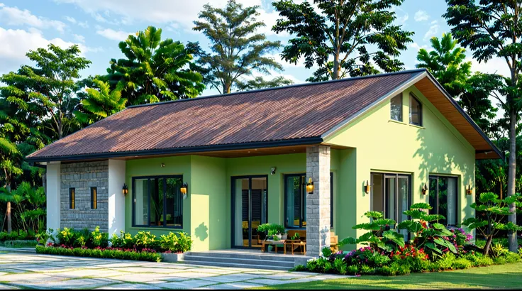 Raw photo, masterpiece, high quality, best quality, realistic, super detailed, outdoor, 1-storey house, modern townhouse style, (((light green wall))), tiled roof dark colors, wooden ceiling, aluminum glass doors, interior lights, simple living room furnit...