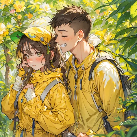 Inspired by the MBTI adventurer、A man and woman in yellow outfits blushing and feeling embarrassed。In a gentle atmosphere。