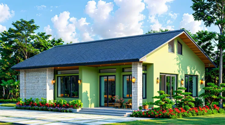 Raw photo, masterpiece, high quality, best quality, realistic, super detailed, outdoor, 1-storey house, modern townhouse style, ((((light green wall)))), tiled roof dark blue, wooden ceiling, aluminum glass doors, interior lights, simple living room furnit...