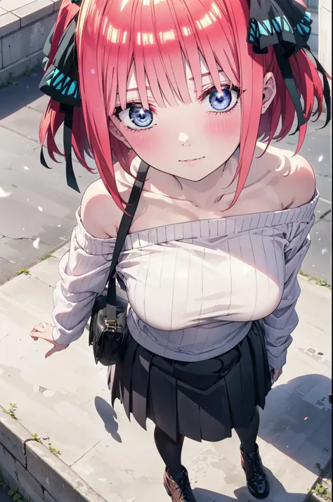 I was silent, Nakano Nino, Short Hair, bangs, blue eyes, hair ornaments, Hair Ribbon, Pink Hair, blunt bangs, Both sides up, butterfly hair ornaments,smile,One-shoulder sweater,mini skirt,White pantyhose,short boots,Walking,Daytime,Clear skies,whole bodyがイ...