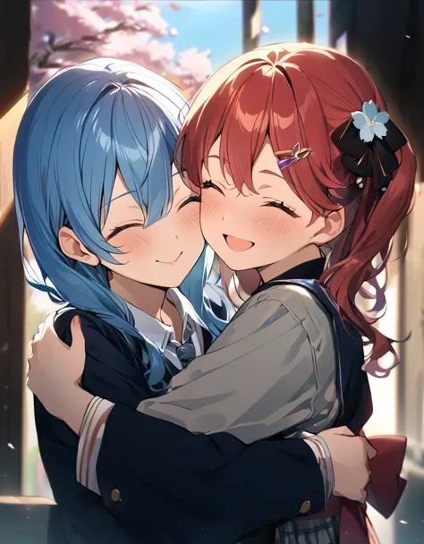(((2girls))), together, two people, masterpiece, best quality, integrated scenery, integrated background, extremely delicate and beautiful, meticulous details, good composition, closed_eyes, cute face, perfect face, perfect hands, fingernails, sakura miko,...