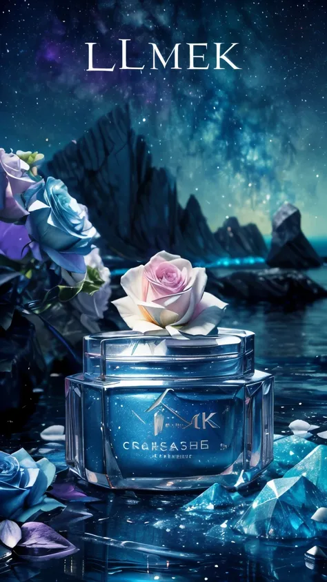 realistic,(1 cosmetic cream) placed on colorful crystals on the sea,surrounded by shining white roses. the background features a...