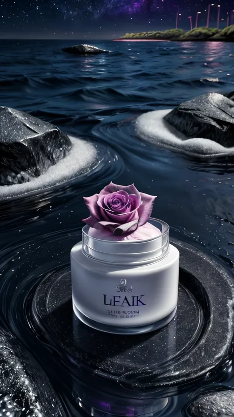 realistic,(1 cosmetic cream) placed on colorful crystals on the sea,surrounded by shining white roses. the background features a...