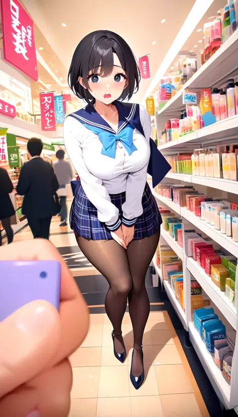 full body,pov, open eyes,surprised,wavy mouth, open mouth,looking at viewer, own hands together,in shopping mall,standing,woman,20yo,open mouth,extremely beautiful face,wide hips, short hair,shaggy cut hair , hair ornament,black eyes, serafuku, blue sailor...