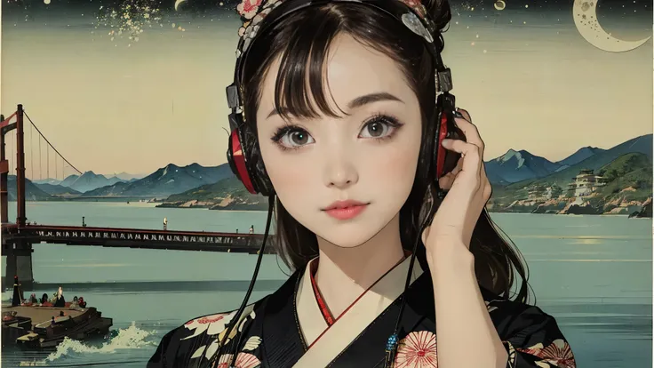 (Highest quality, 8k, masterpiece, High resolution), (whole body), Vibrant colors, Brown-black bob, Traditional topknot, Ample breasts, (Highly detailed face and eyes, Beautiful Face, Beautiful Eyes, Beautiful nose, Pretty lips), Official Art, Ukiyo-e styl...