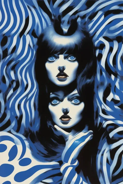 philippe druillet style - blue eyes, blue moon, junji ito、brian bolland、bridget riley style