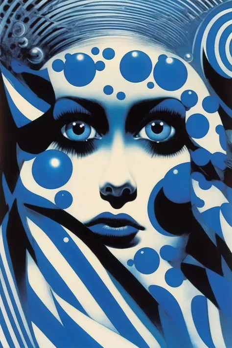 philippe druillet style - blue eyes, blue moon, junji ito、brian bolland、bridget riley style