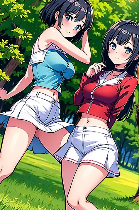 2 girls on vacation in sexy clothes on a meadow playing with a butterfly