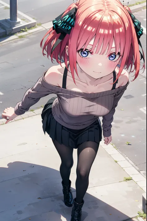 I was silent, Nakano Nino, Short Hair, bangs, blue eyes, hair ornaments, Hair Ribbon, Pink Hair, blunt bangs, Both sides up, butterfly hair ornaments,smile,One-shoulder sweater,mini skirt,White pantyhose,short boots,Walking,Daytime,Clear skies,whole bodyがイ...