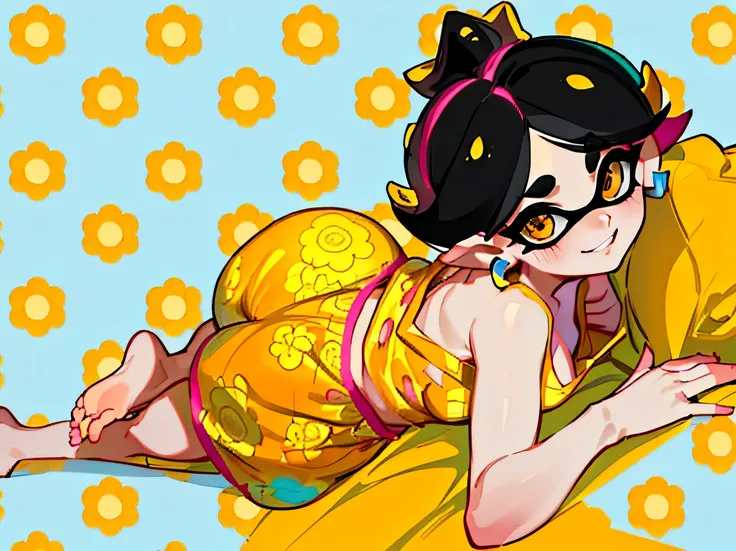 Callie from Splatoon lying on the floor., big booty, orange pajamas,yellow and orange pajamas, short top, barefoot, barefoot, It leaves a mark on your underwear