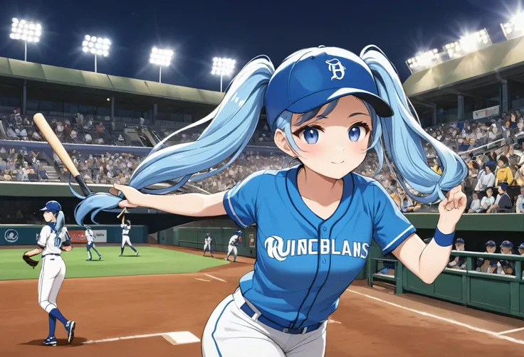  masterpiece, (Textured skin), Highest quality, Light blue long hair、A girl with twintails who is a pitcher、Women playing in a match, Baseball stadium for baseball tournament、A packed stadium、Detailed clothing,Tight waist,, (Beautiful Face), Cinema Lightin...