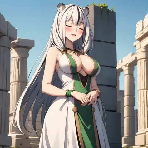 Atlas Fayon woman 40 years old, white hair with black stripes ,white tiger ears, closed eyes, mujer ciega con closed eyes, happy expression. trust. blush,  Pale skin, big breasts, dressed as a green Greek goddess,  goddess cosplay . I am standing by some R...