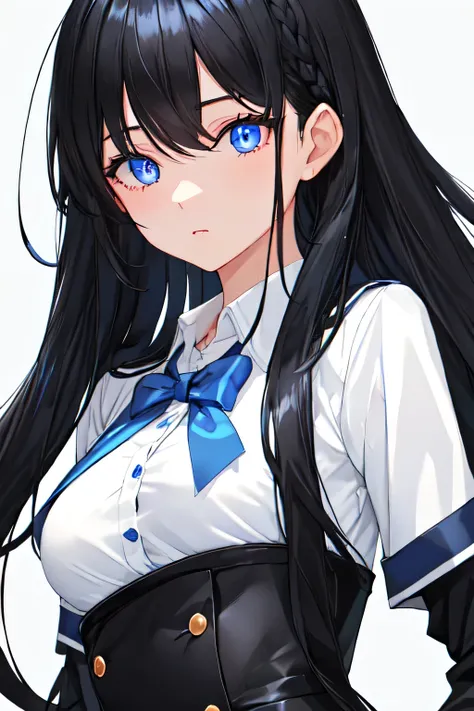 black hair, black eyes, (blue light from one's eyes), 1 girl, long hair style, masterpiece, best quality, perfect anatomy, small...